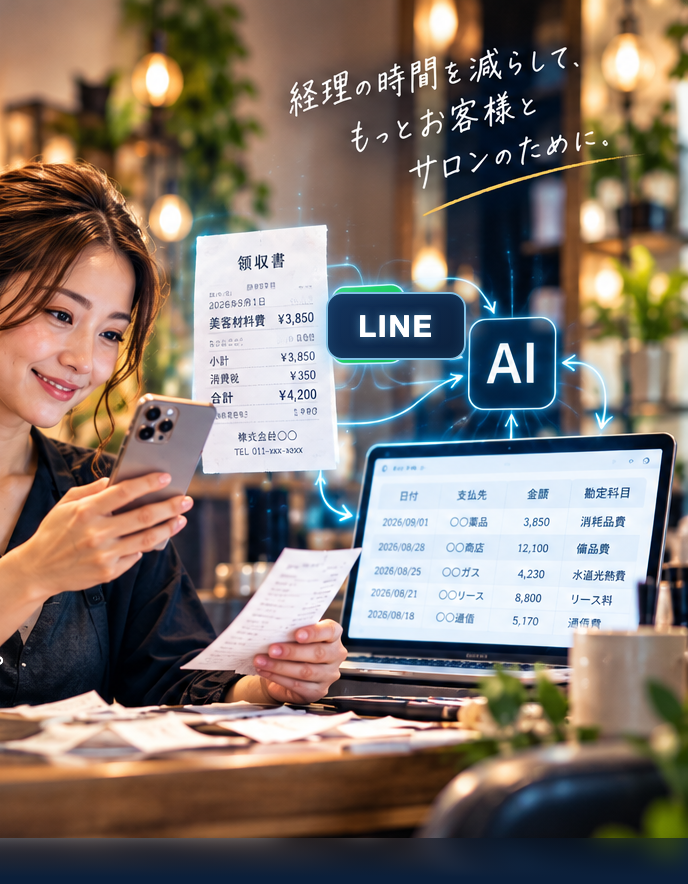 領収書をスマートフォンで撮影し、AIが読み取って帳簿に整理される流れのイメージ